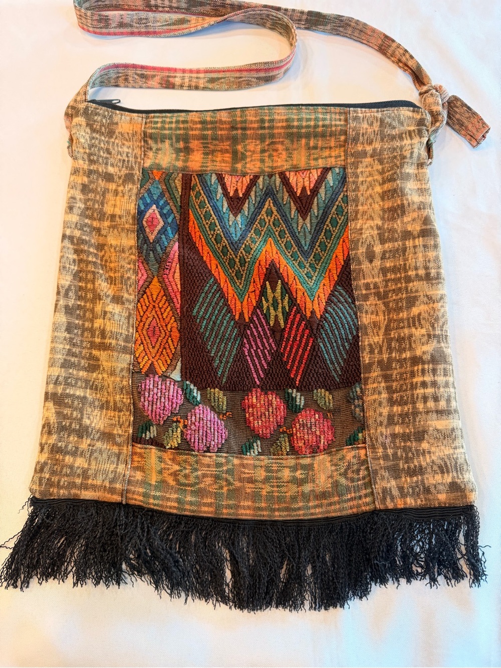 Bohemian Tote with Woven Guatemalan Textile Panel and Black Fringe